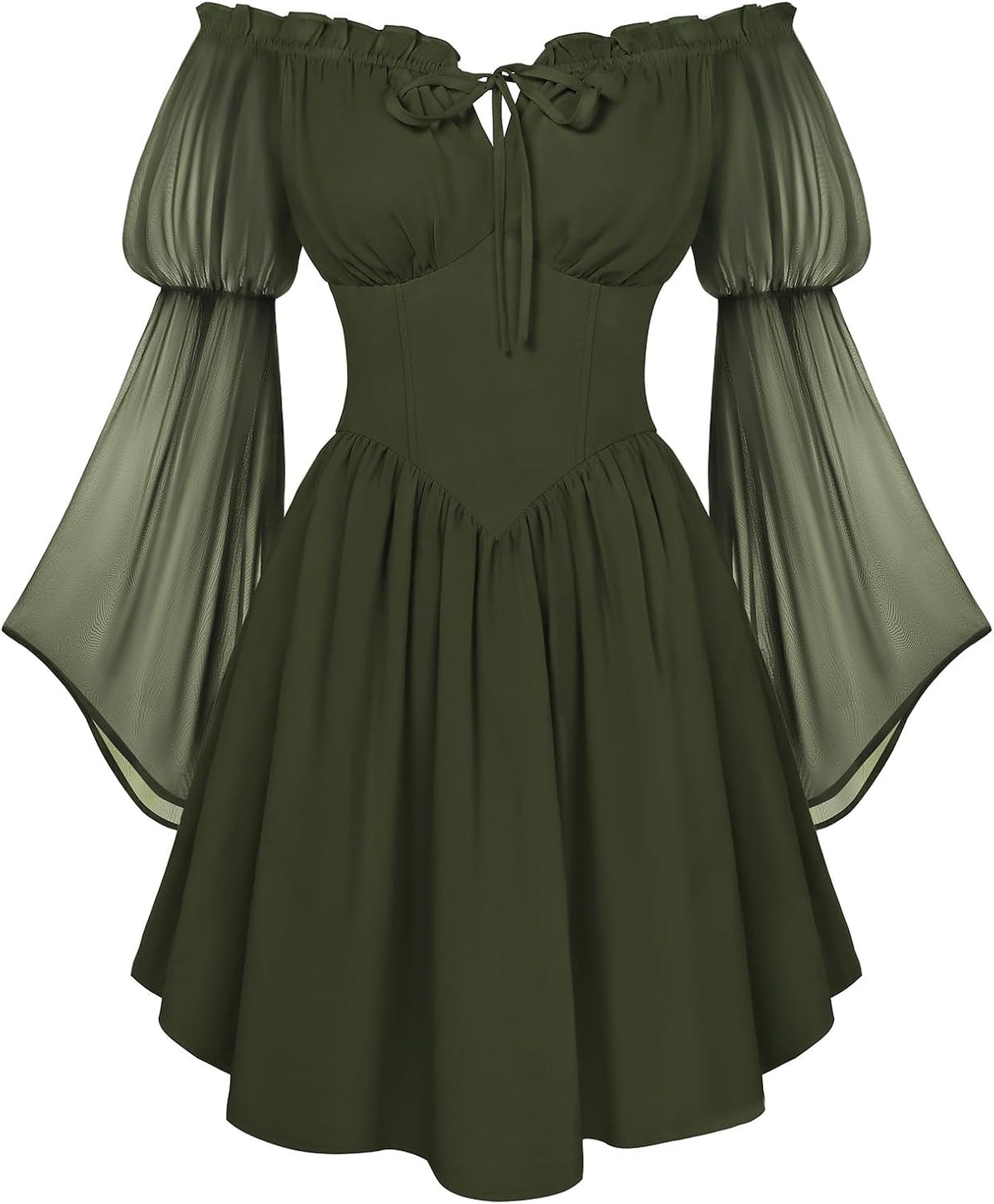 Off-Shoulder Bell-Sleeve Renaissance Dress with Pockets in Dark Olive Green