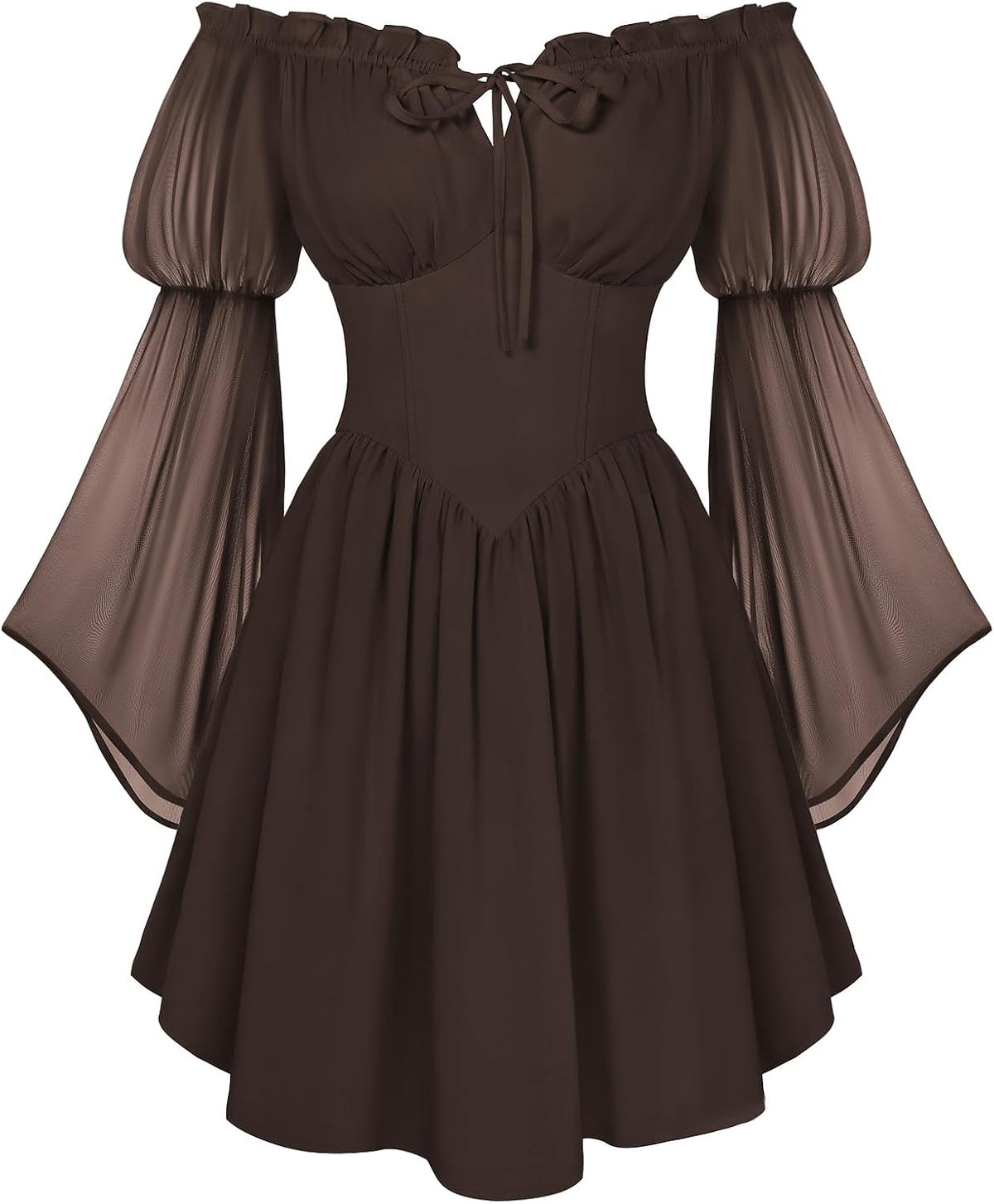 Off-Shoulder Bell-Sleeve Renaissance Dress with Pockets in Dark Brown