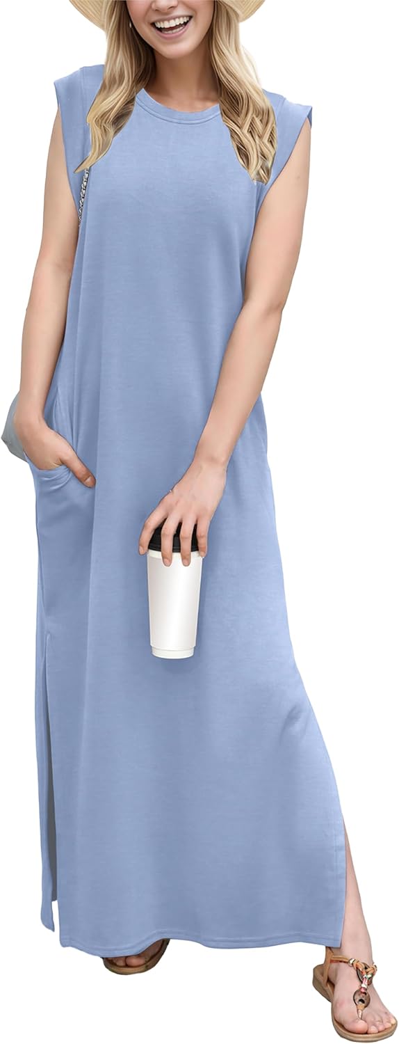 Crew-Neck Loose Maxi Dress with Side Slits and Pockets in Sky Blue