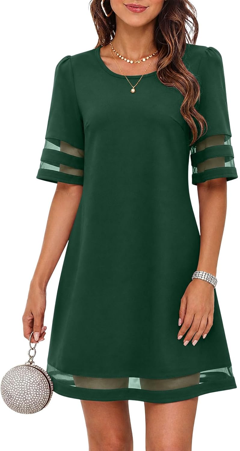 Flowy A-Line Knee-Length Dress with Mesh Trim in Dark Green