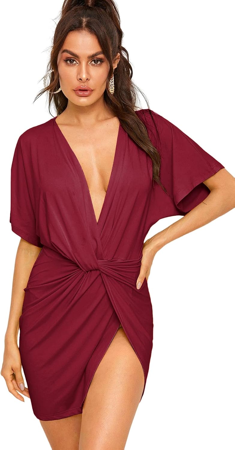 Twisted Deep-V Mini Dress with High Slit in Burgundy