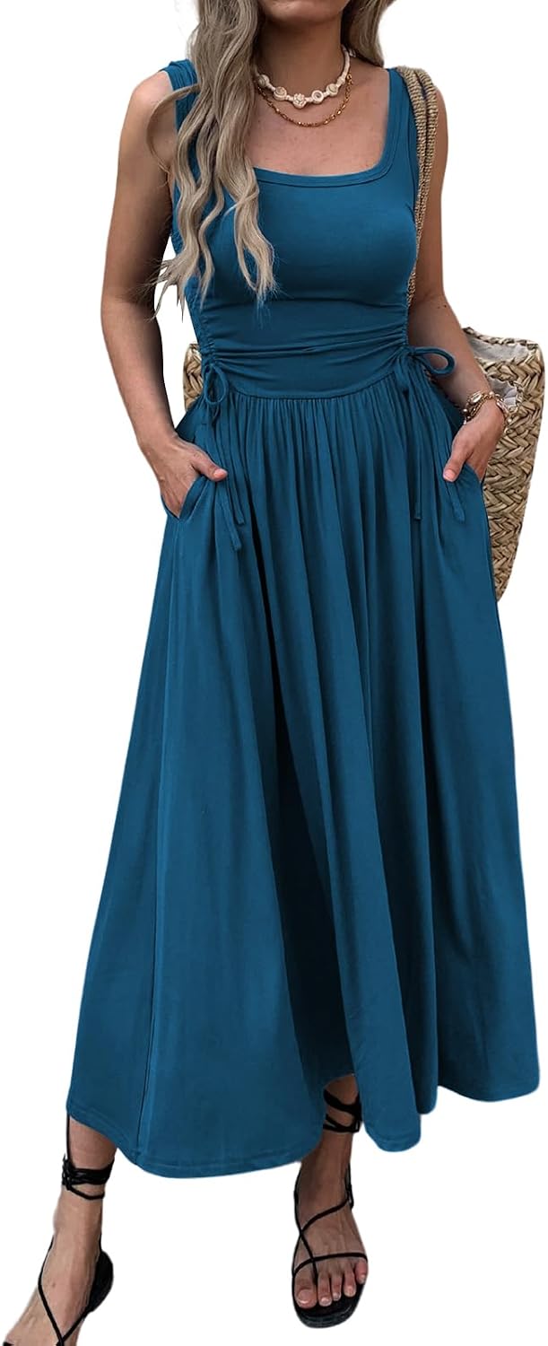 Ruched Adjustable-Waist Sleeveless Maxi Dress with Pockets in Peacock Blue