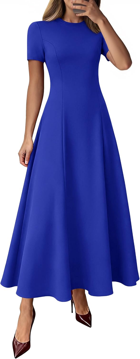 Crew-Neck Pleated Short-Sleeve Maxi Dress in Royal Blue