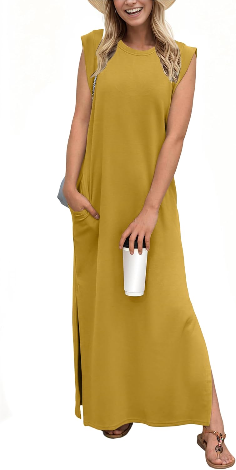 Crew-Neck Loose Maxi Dress with Side Slits and Pockets in Ginger