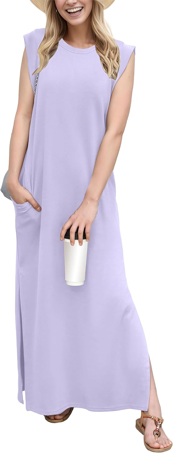 Crew-Neck Loose Maxi Dress with Side Slits and Pockets in Aura Indigo