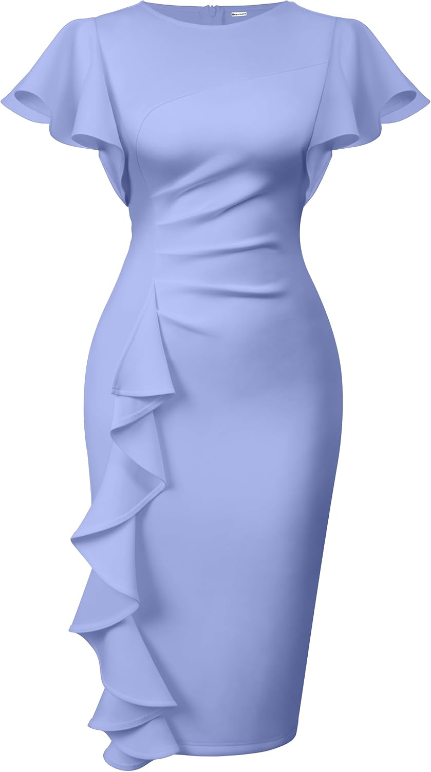 Ruffle-Sleeve Ruched Sheath Midi Dress in Violet
