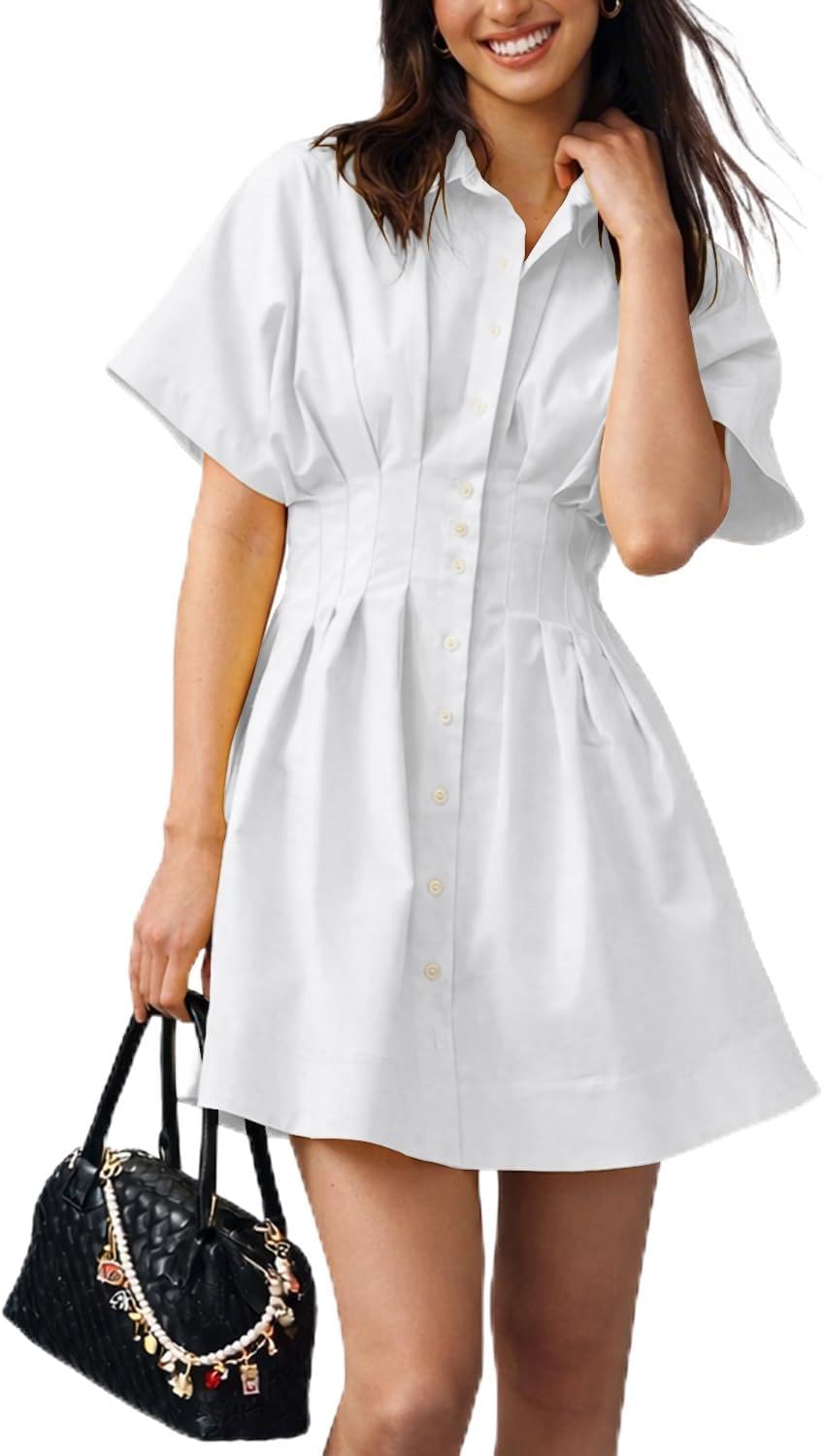 Collared Button-Down Mini Shirt Dress in White