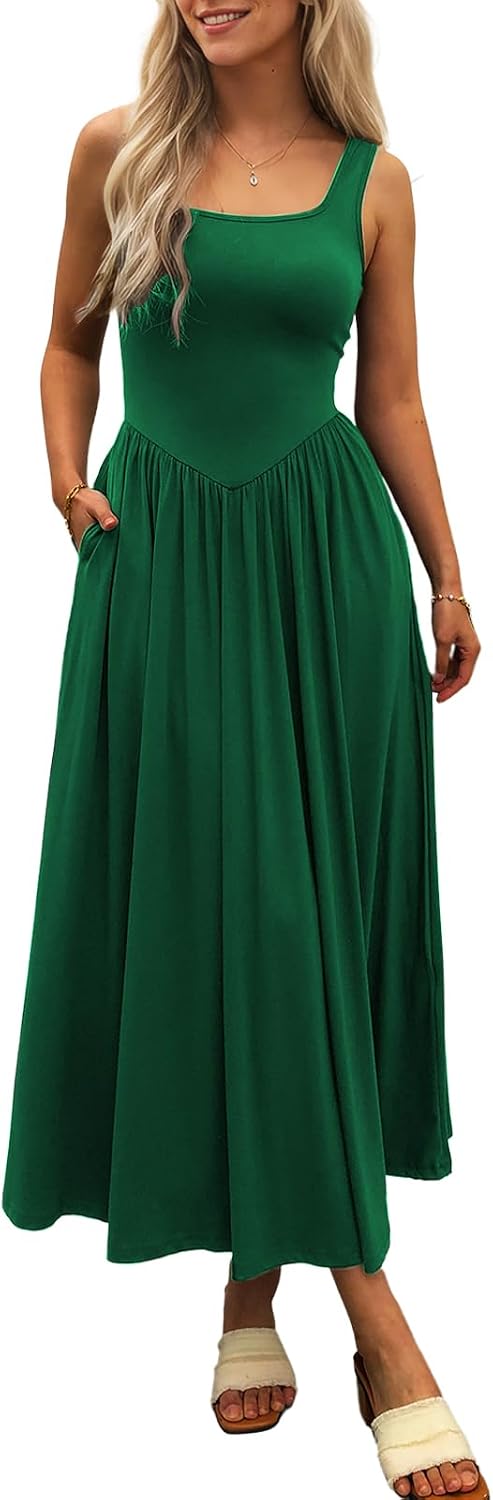 Square-Neck Sleeveless Maxi Sundress with Pockets in Dark Green