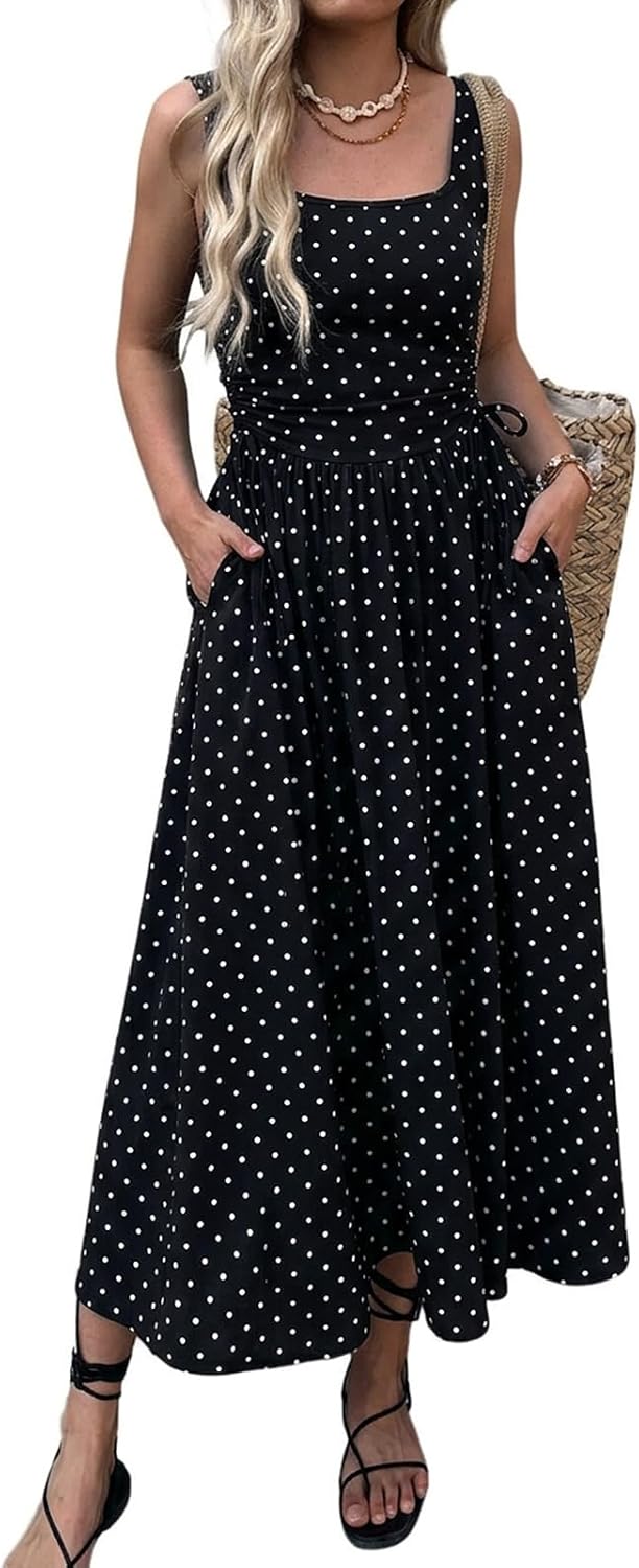 Ruched Adjustable-Waist Sleeveless Maxi Dress with Pockets in Black Polka Dots
