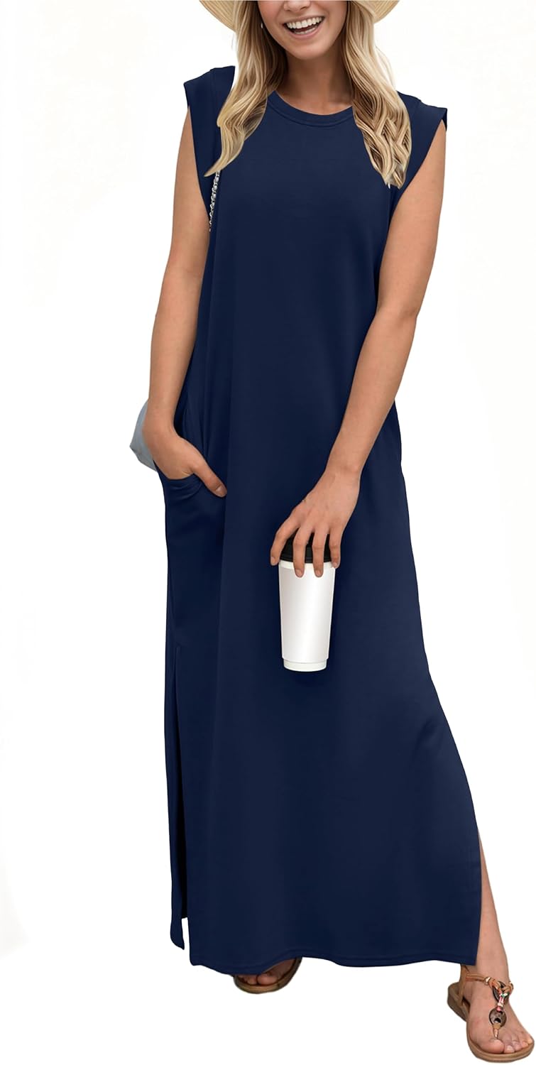 Crew-Neck Loose Maxi Dress with Side Slits and Pockets in Navy Blue