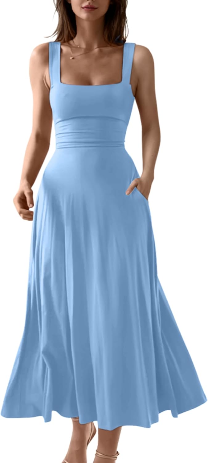 Square-Neck Corset A-Line Maxi Dress with Pockets in Sky Blue