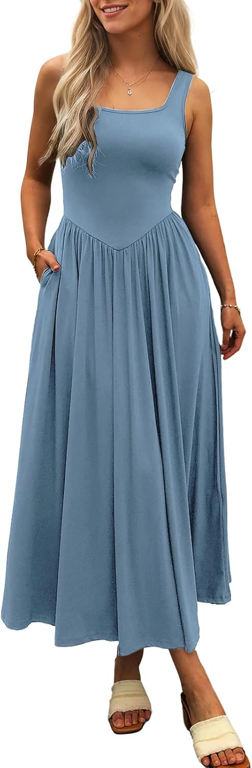 Square-Neck Sleeveless Maxi Sundress with Pockets in Blue