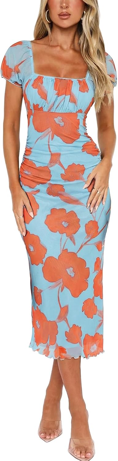 Floral Square-Neck Ruched Mesh Midi Dress in Blue Orange Floral