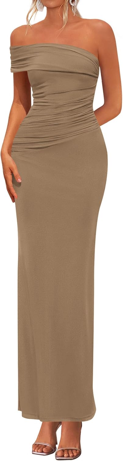 One-Shoulder Ruched Bodycon Maxi Dress in Khaki