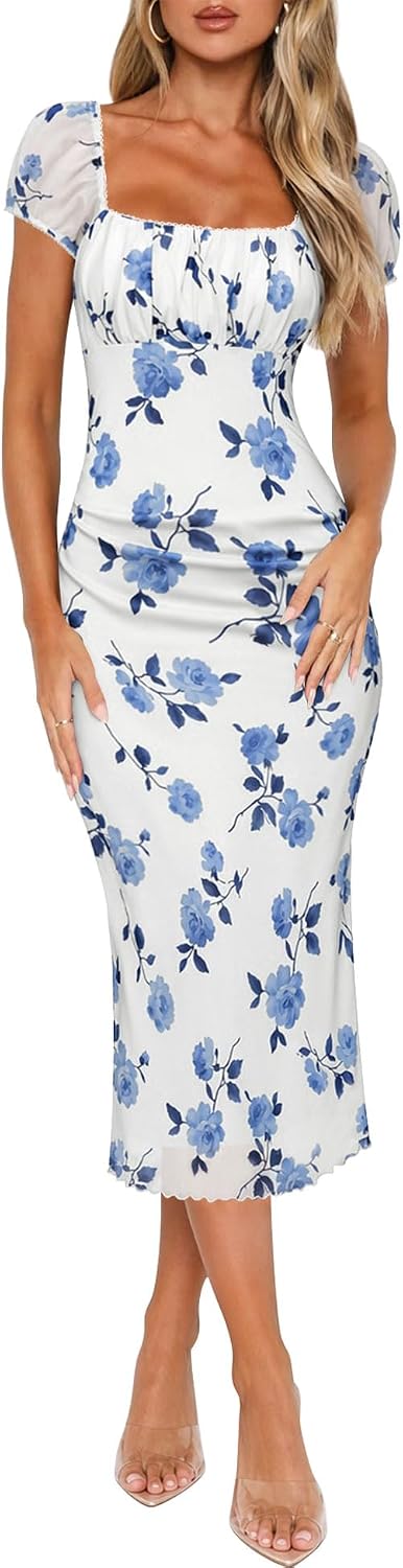 Floral Square-Neck Ruched Mesh Midi Dress in White Blue Floral