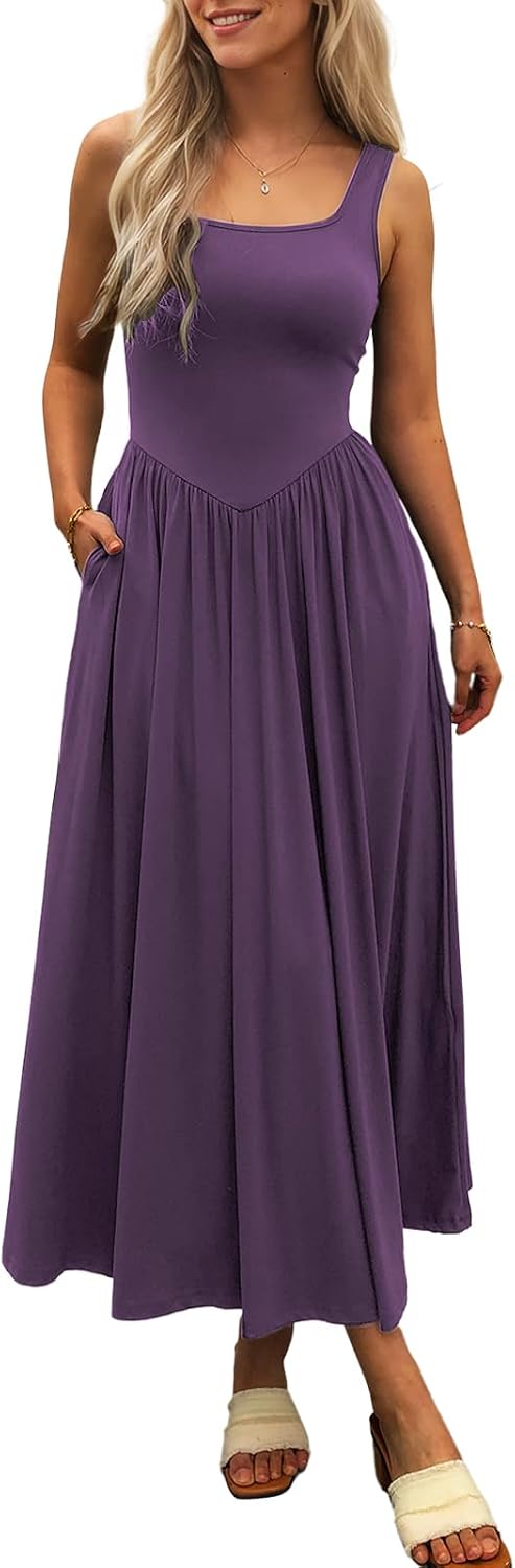Square-Neck Sleeveless Maxi Sundress with Pockets in Purple
