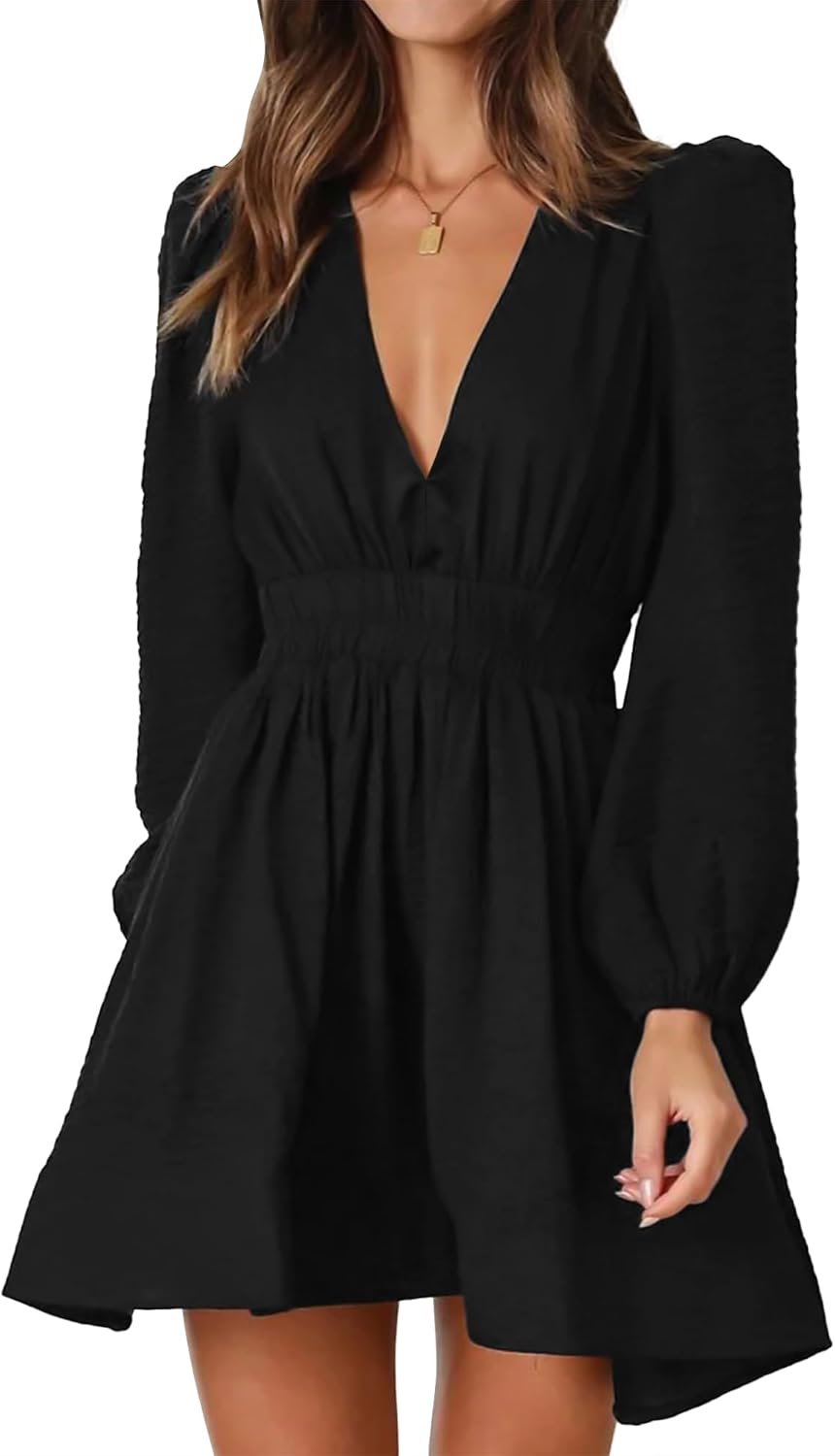 Deep-V Long-Sleeve A-Line Mini Dress in Black