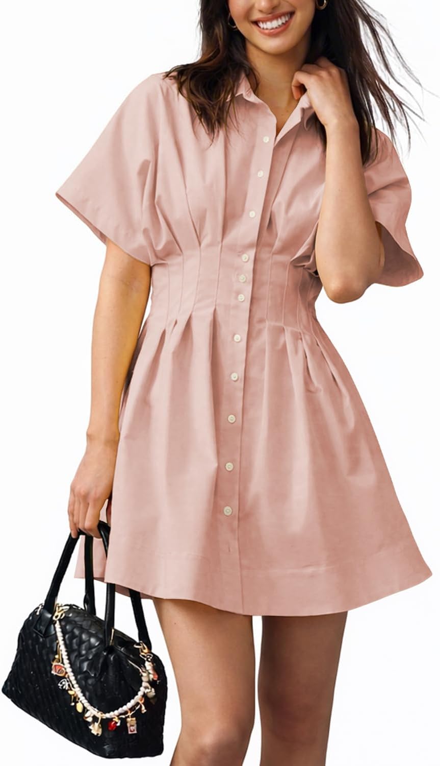 Collared Button-Down Mini Shirt Dress in Pink