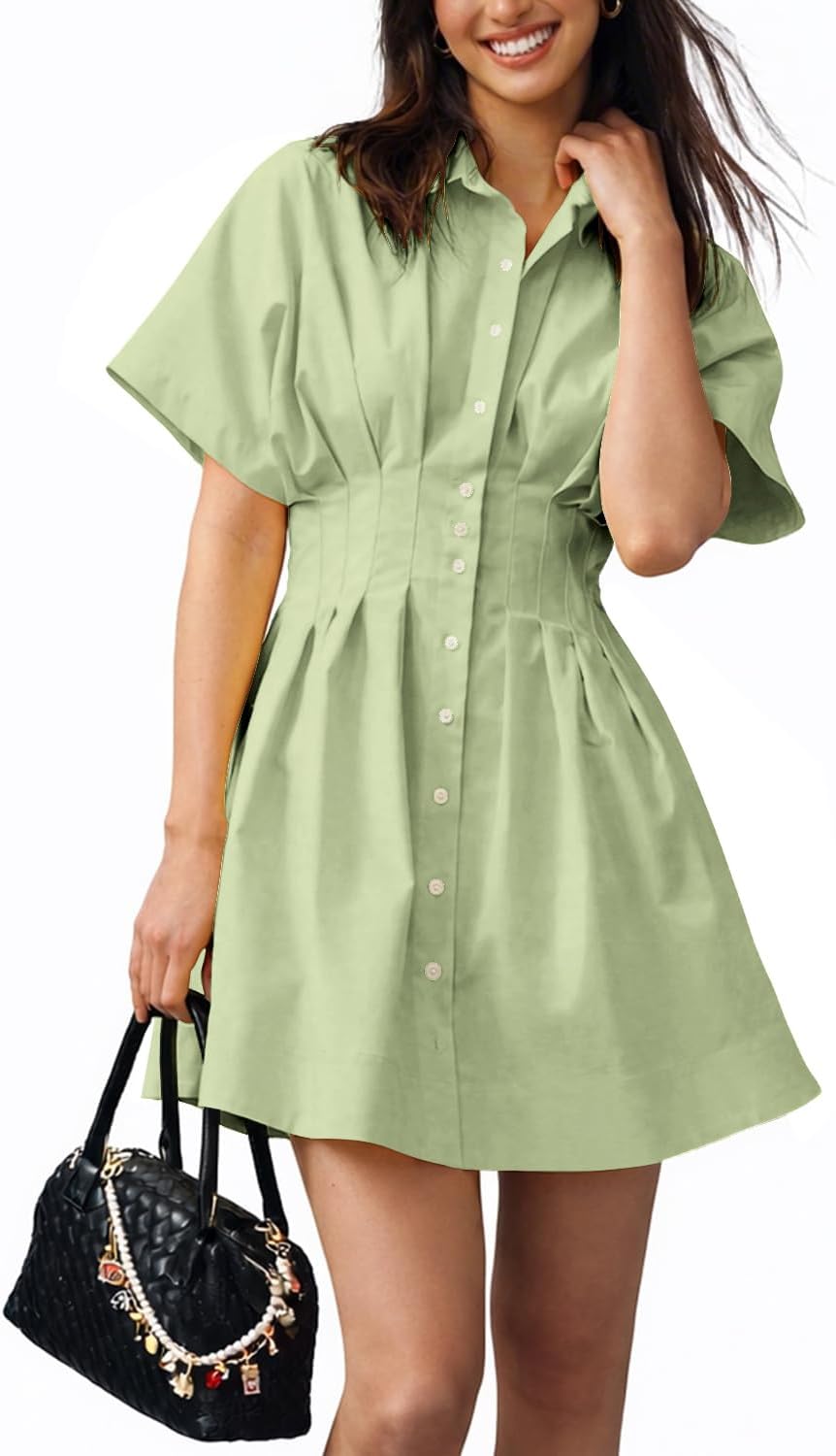 Collared Button-Down Mini Shirt Dress in Sage Green