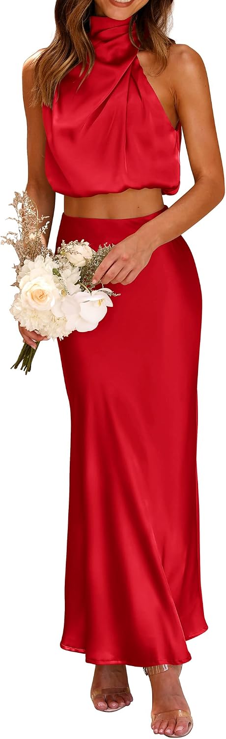 Satin Mock-Neck Crop Top and Maxi Skirt Set in Red
