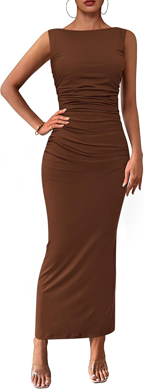 Boat-Neck Ruched Bodycon Midi Dress with Back Slit in Coffee