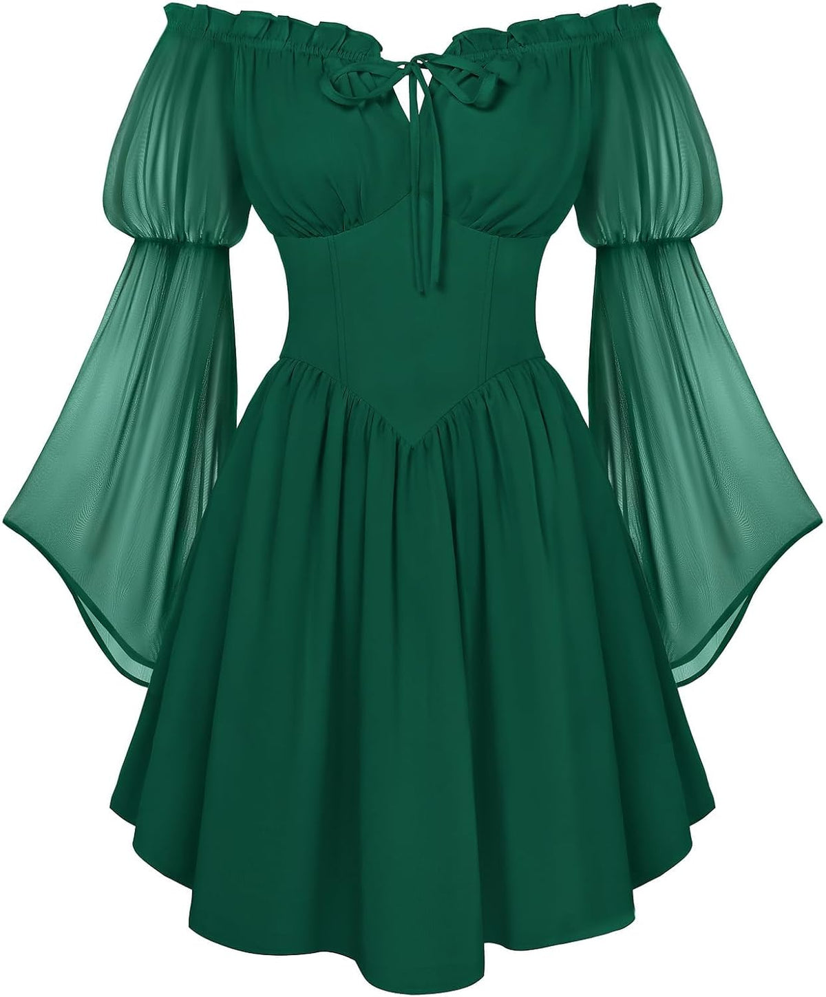 Off-Shoulder Bell-Sleeve Renaissance Dress with Pockets in Green