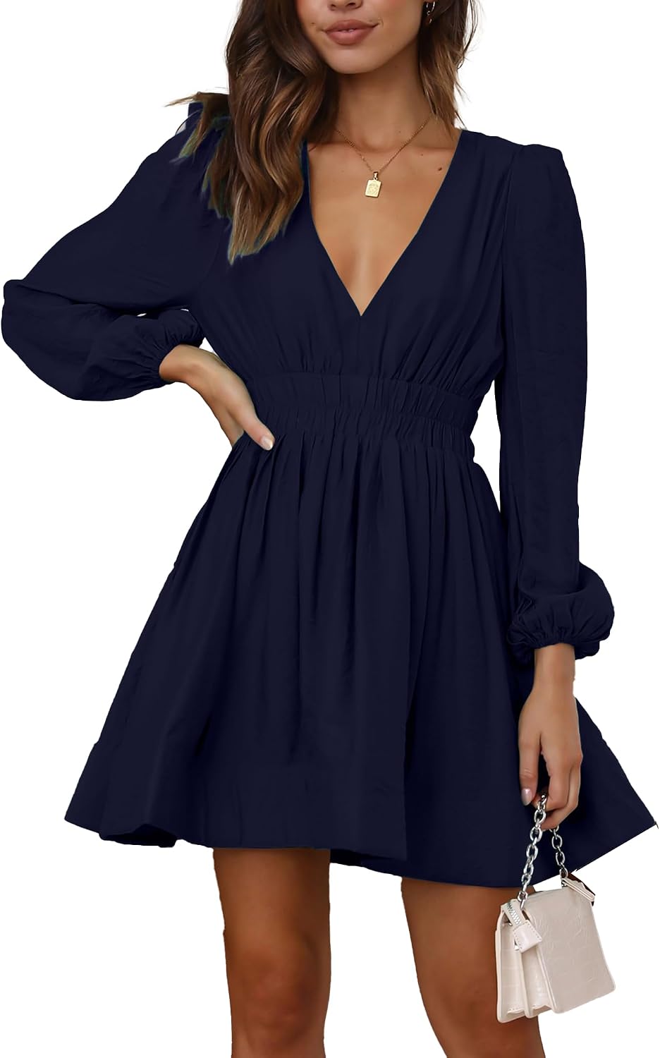 Deep-V Long-Sleeve A-Line Mini Dress in Navy Blue