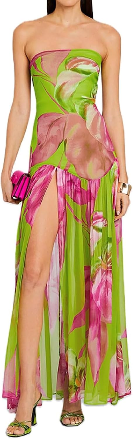 Tiger-Stripe Mesh Strapless Maxi Dress with Slit in Green