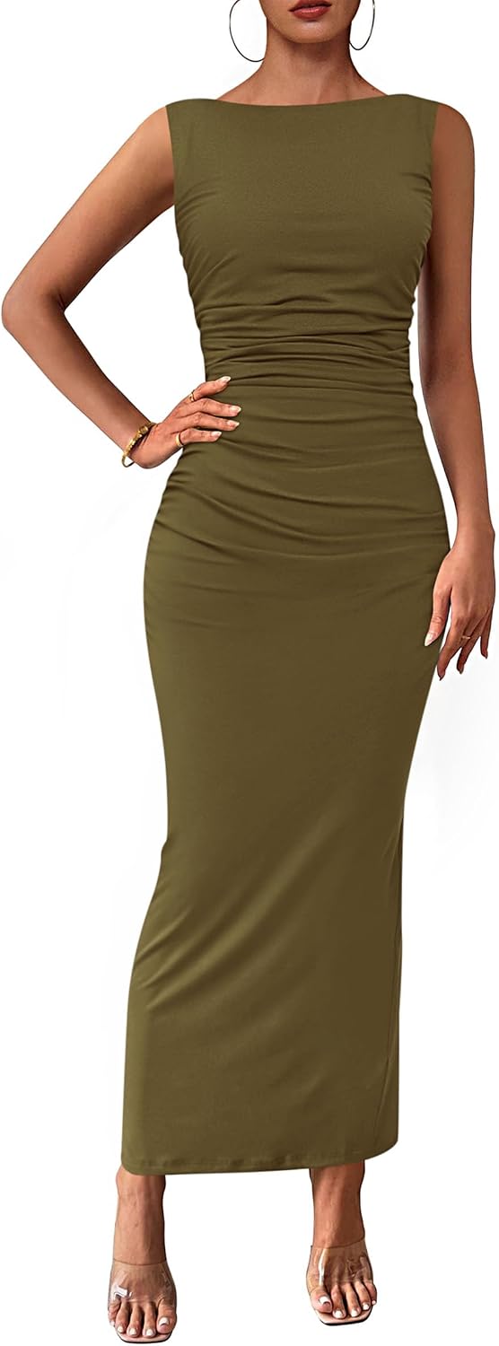 Boat-Neck Ruched Bodycon Midi Dress with Back Slit in Army Green