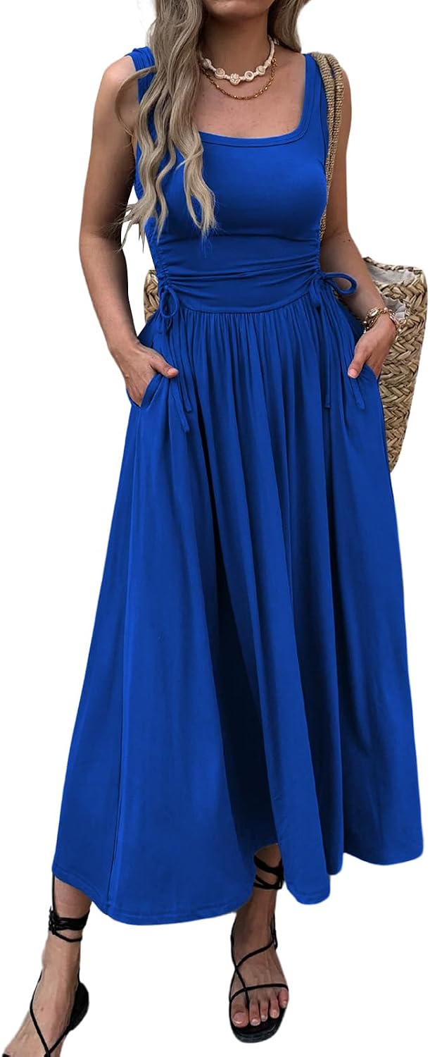 Ruched Adjustable-Waist Sleeveless Maxi Dress with Pockets in Dark Blue