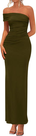 One-Shoulder Ruched Bodycon Maxi Dress in Army Green