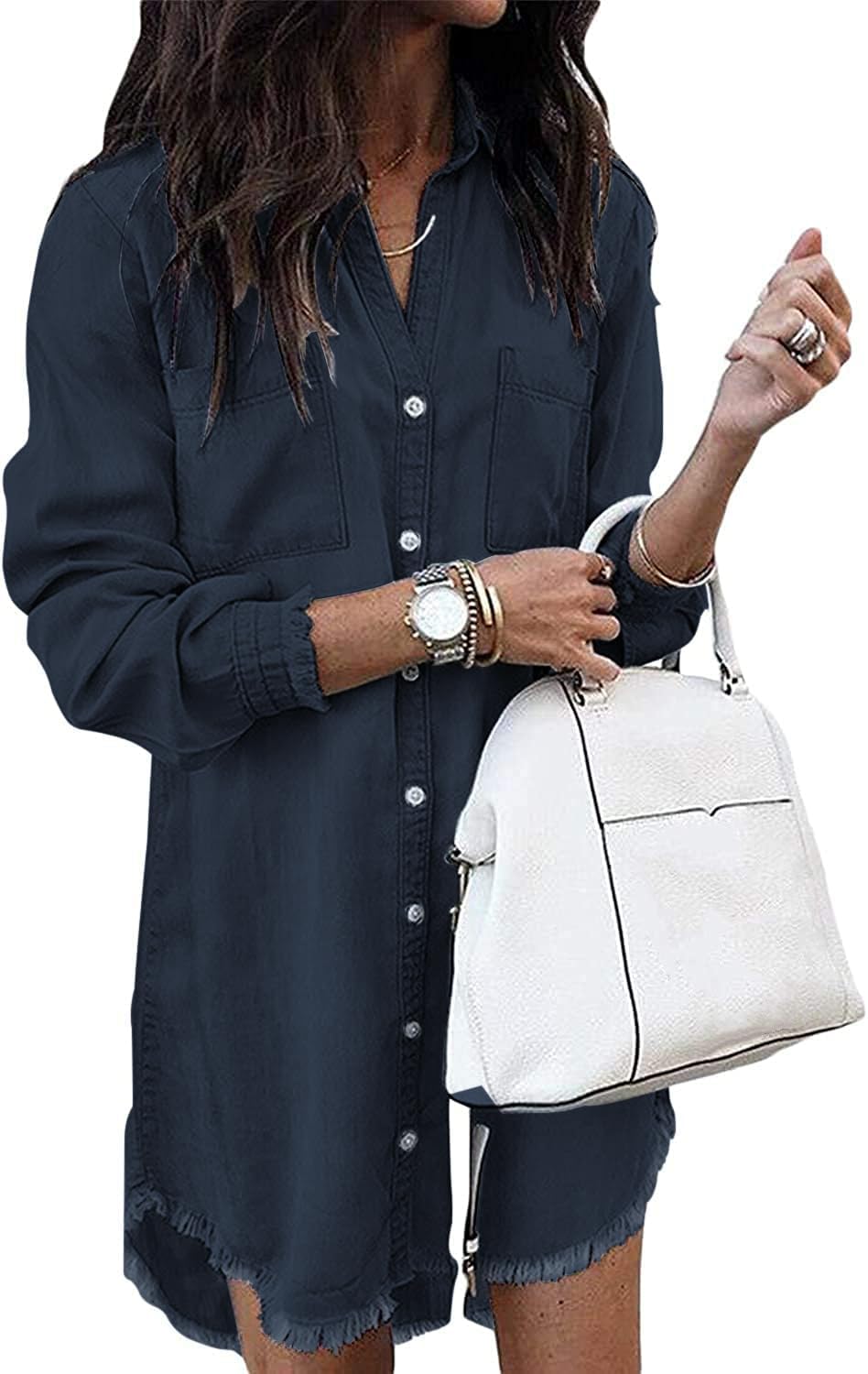 Long-Sleeve Button-Down Denim Shirt Dress with Fringe Hem in Navy