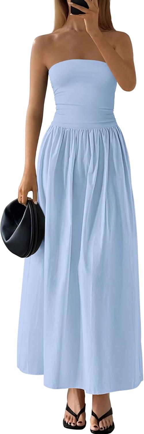 Strapless Tube A-Line Maxi Dress in Light Blue