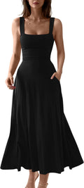 Square-Neck Corset A-Line Maxi Dress with Pockets in Black