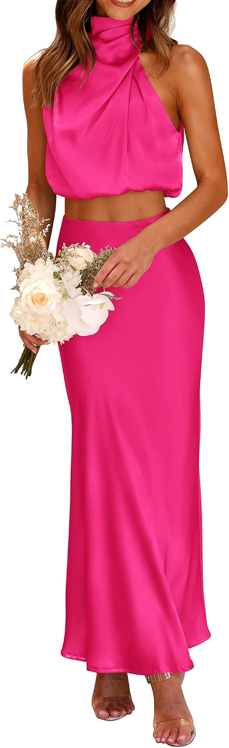 Satin Mock-Neck Crop Top and Maxi Skirt Set in Rose Red