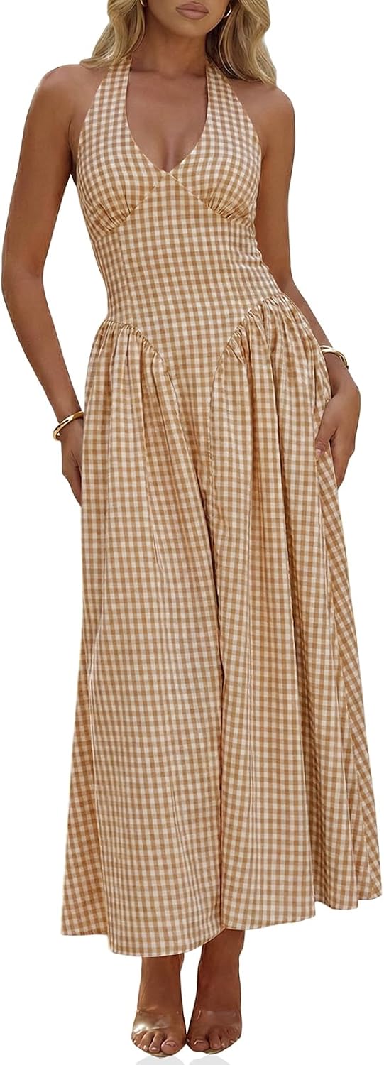 Plaid Halter Corset Maxi Dress with Pockets in Khaki