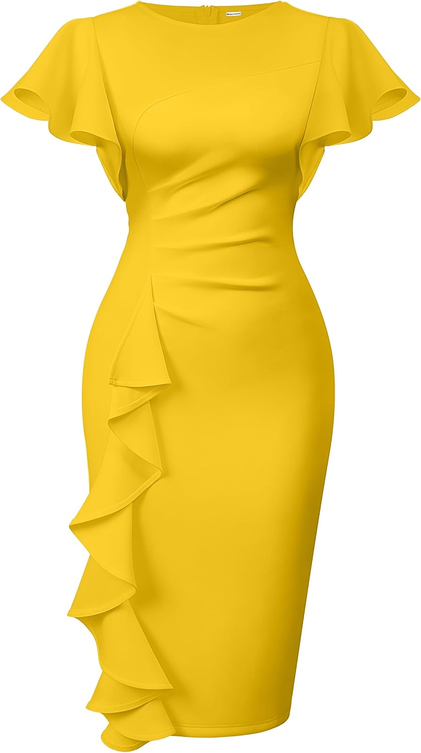 Ruffle-Sleeve Ruched Sheath Midi Dress in Yellow