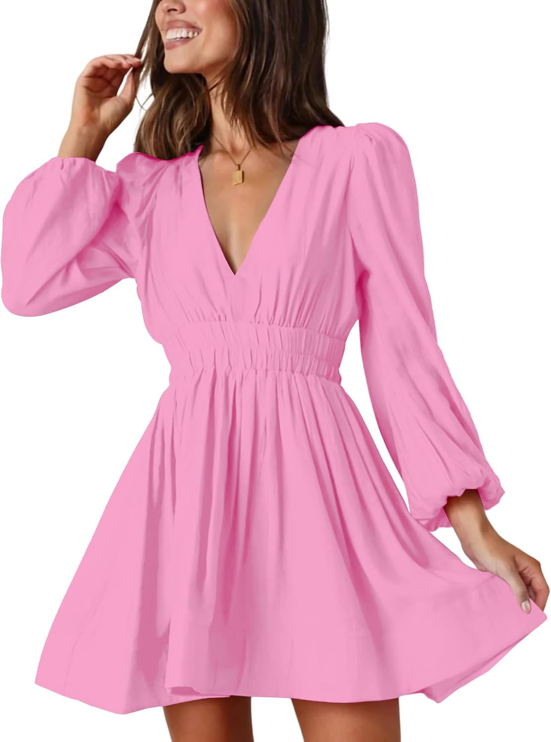 Deep-V Long-Sleeve A-Line Mini Dress in Light Pink