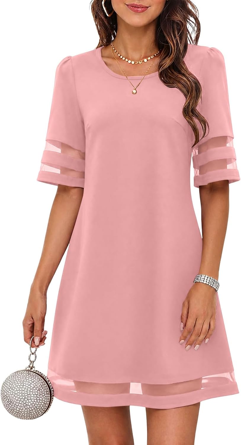 Flowy A-Line Knee-Length Dress with Mesh Trim in Pink