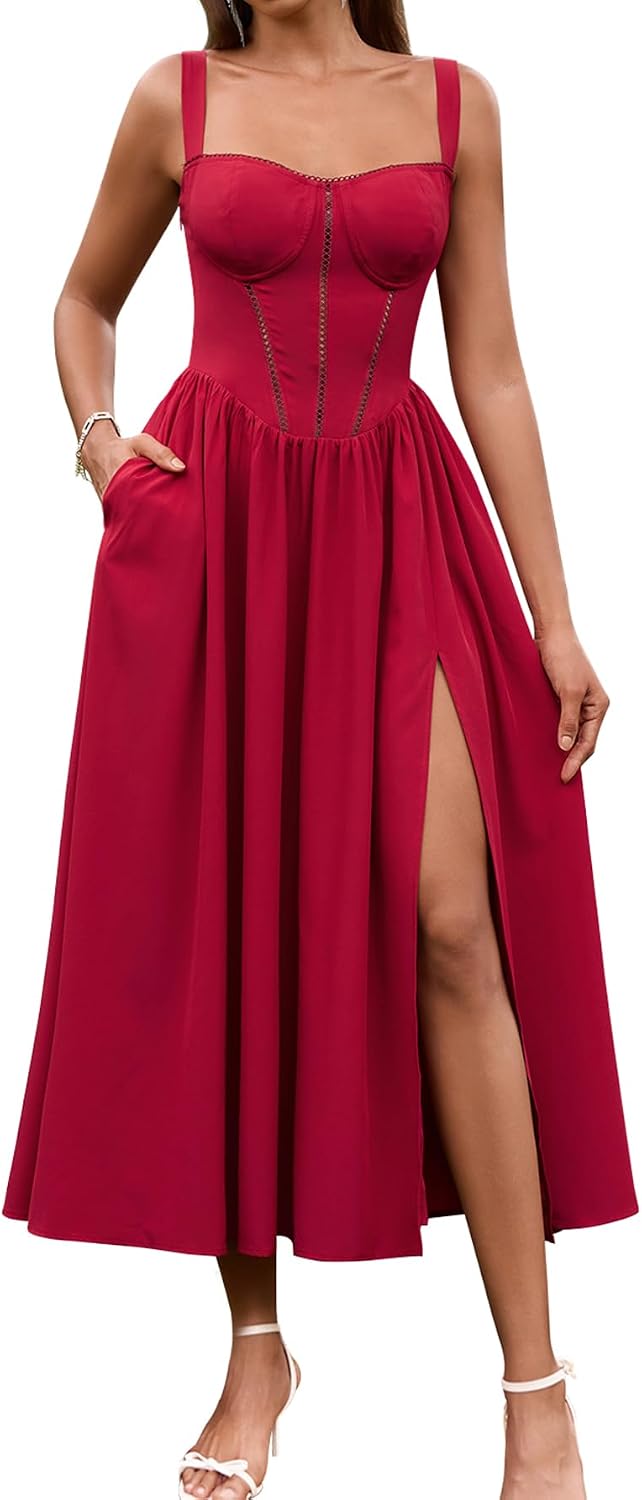 Floral Corset Midi Dress with Slit and Pockets in Red