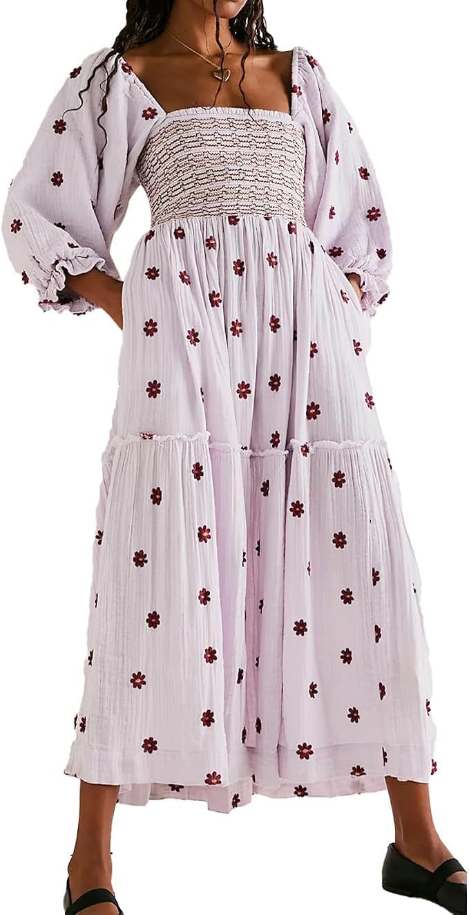 Embroidered Floral Long-Sleeve Tiered Midi Dress in Light Pink