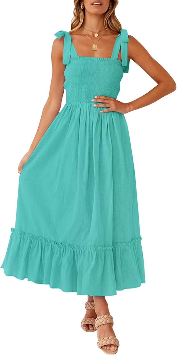 Ruffled Spaghetti-Strap Square-Neck Maxi Dress in Aqua