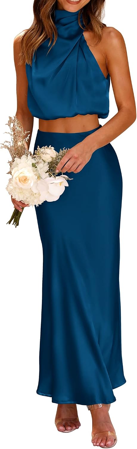 Satin Mock-Neck Crop Top and Maxi Skirt Set in Dark Blue