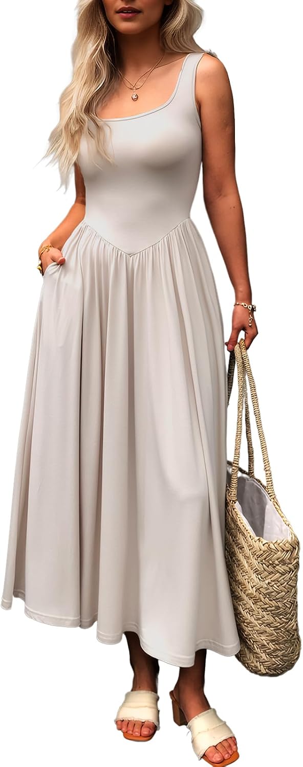 Square-Neck Sleeveless Maxi Sundress with Pockets in Beige