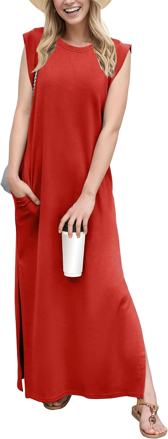 Crew-Neck Loose Maxi Dress with Side Slits and Pockets in Red