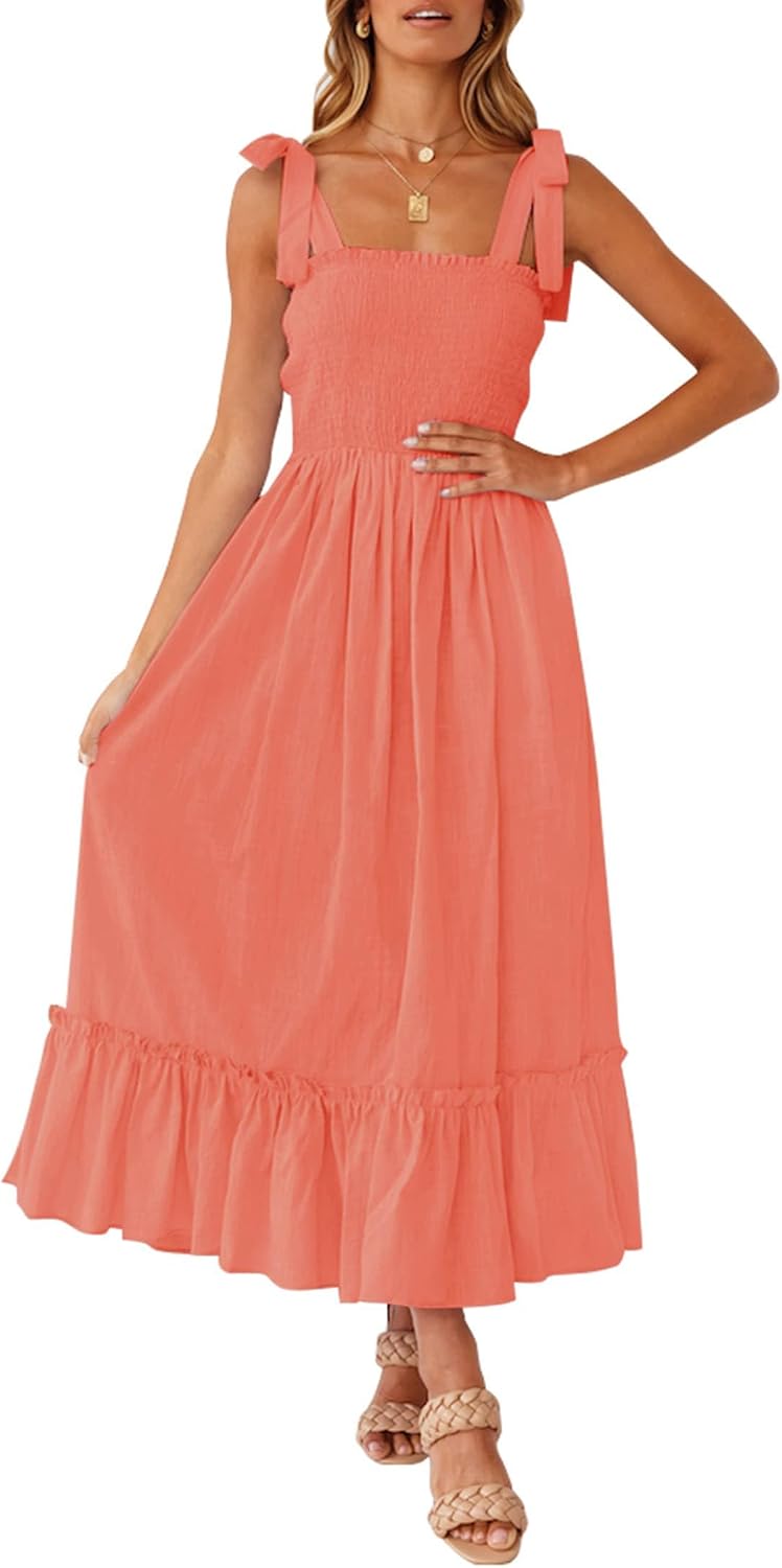 Ruffled Spaghetti-Strap Square-Neck Maxi Dress in Grapefruit