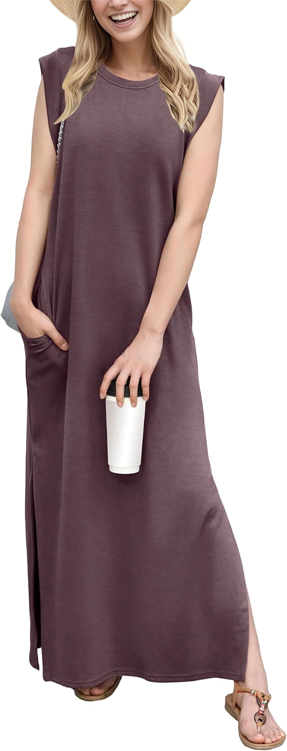 Crew-Neck Loose Maxi Dress with Side Slits and Pockets in Rosewood