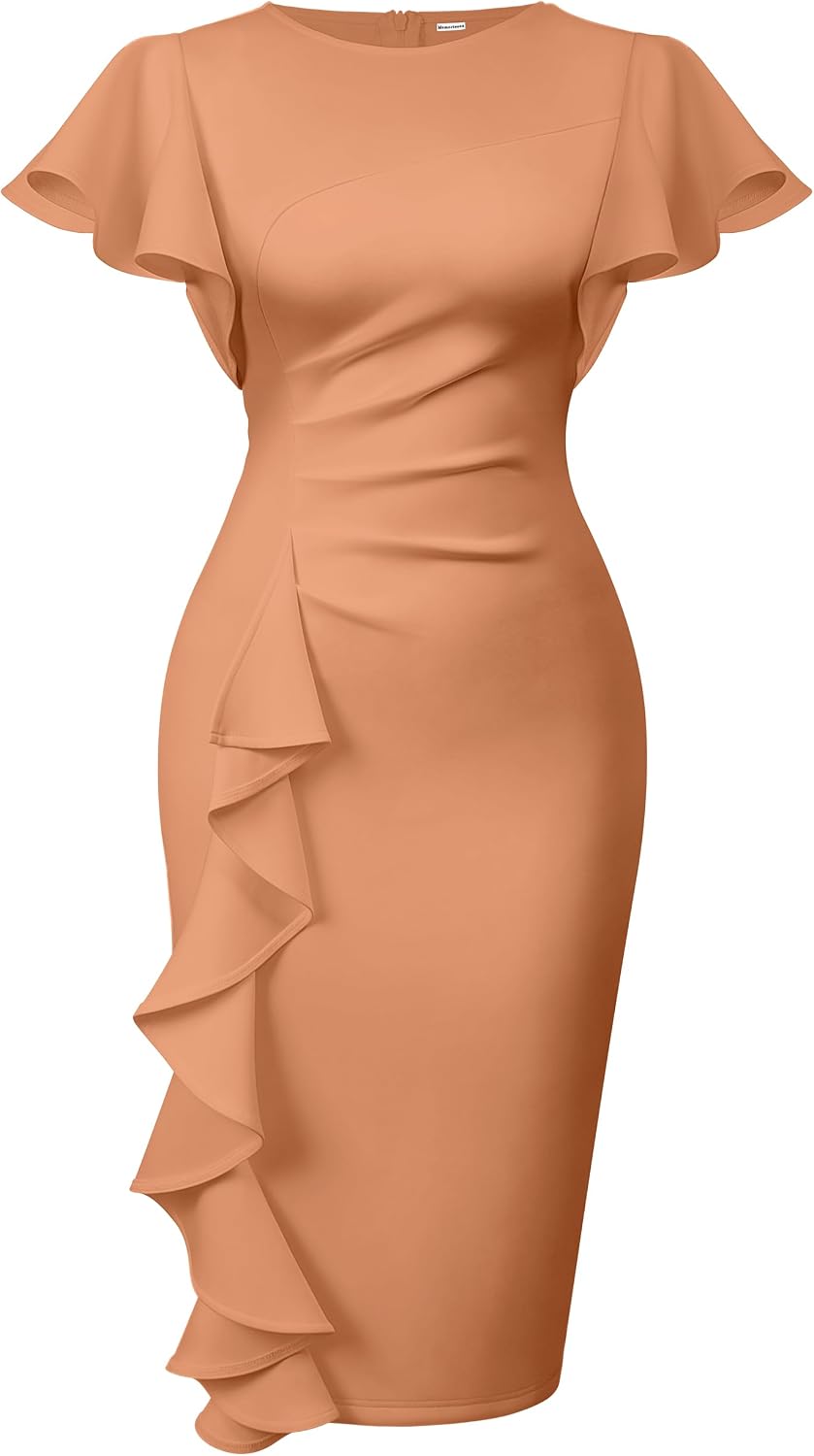 Ruffle-Sleeve Ruched Sheath Midi Dress in Nude Pink