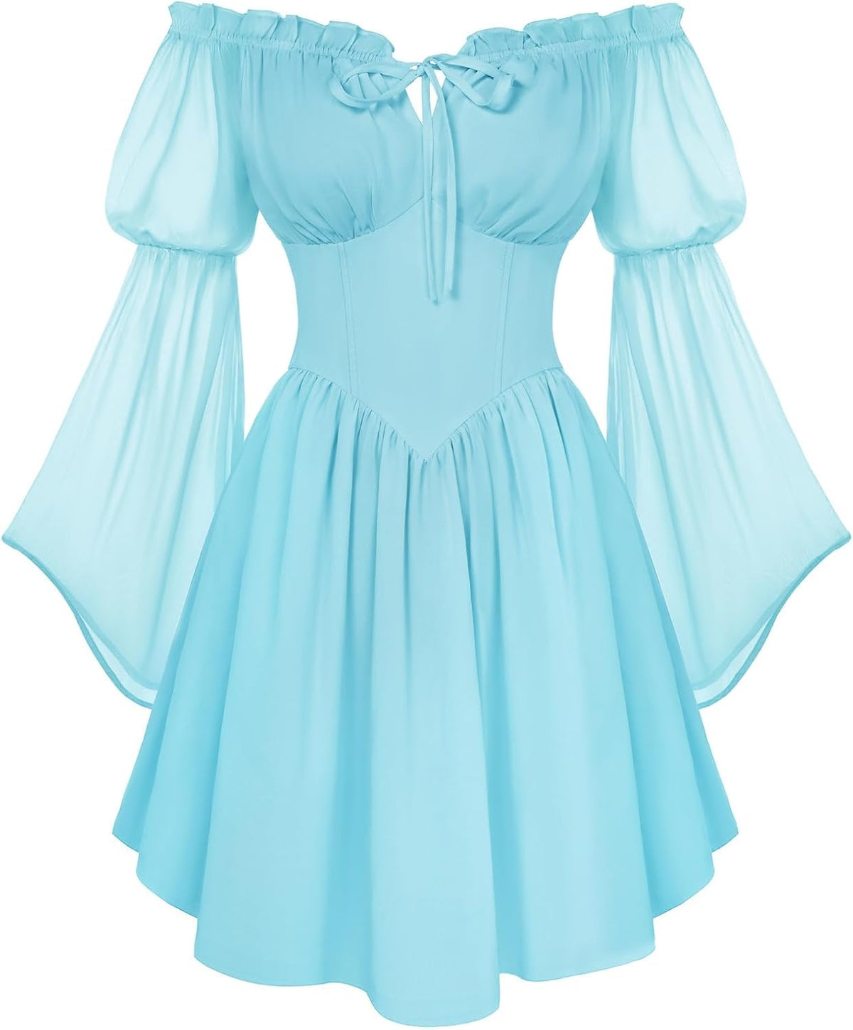 Off-Shoulder Bell-Sleeve Renaissance Dress with Pockets in Light Blue
