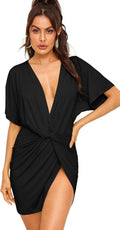 Twisted Deep-V Mini Dress with High Slit in Black Pure